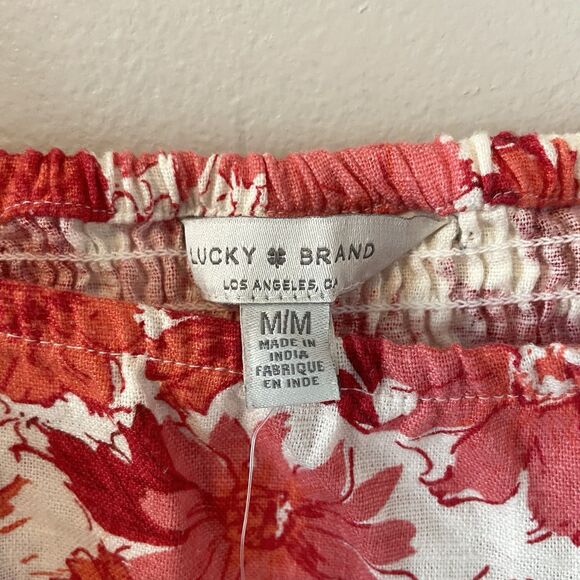NWT Lucky Brand Linen Blend Floral Smocked Balloon Sleeve Top Sz M - Picture 6 of 10